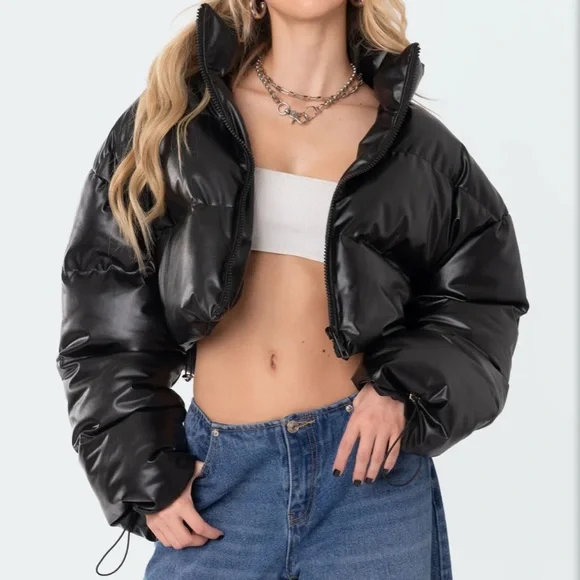 Black, faux leather, puffer jacket, cropped, MEDIUM